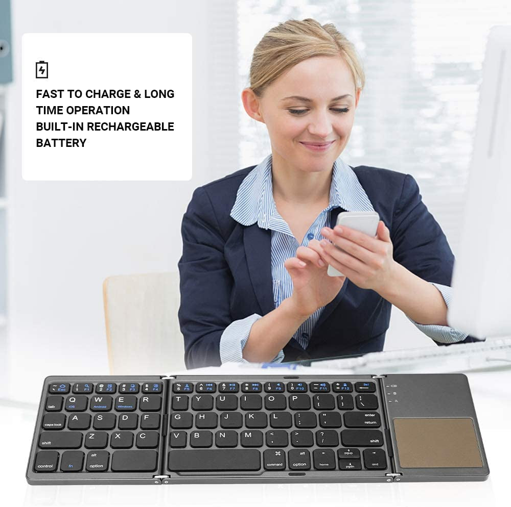 Foldable Bluetooth Keyboard, Tri-Folding Portable Wireless Keyboard with Touchpad, USB Rechargeable, Compatible with Windows/Android/Ios, Perfect for Laptop/Tablet/Smartphone (Gray)