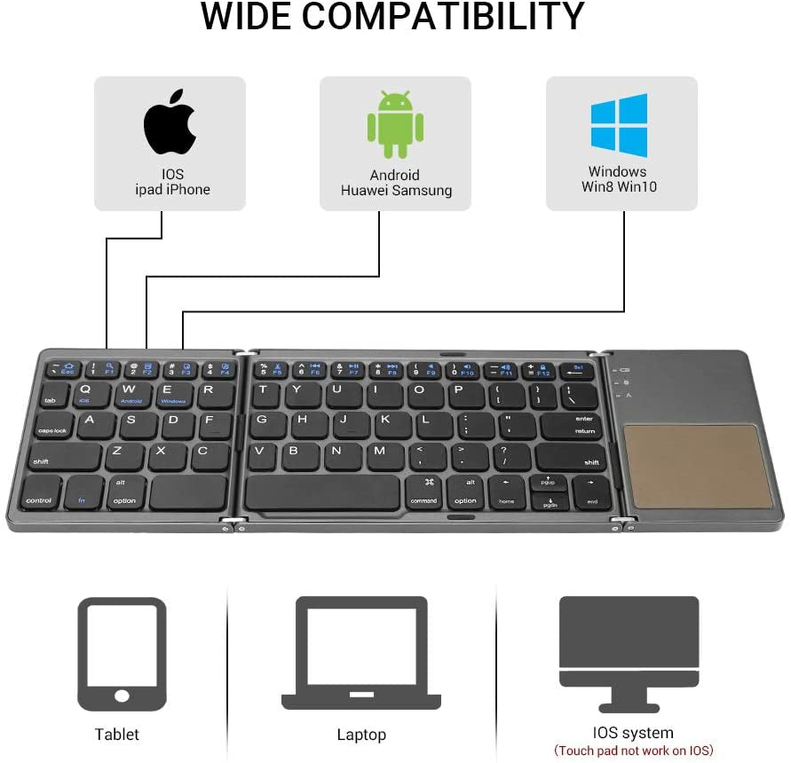 Foldable Bluetooth Keyboard, Tri-Folding Portable Wireless Keyboard with Touchpad, USB Rechargeable, Compatible with Windows/Android/Ios, Perfect for Laptop/Tablet/Smartphone (Gray)